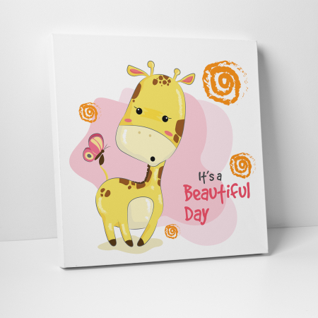 Tablou canvas cu desene pentru camera copiilor, Bebe girafa si fluturasii [2]