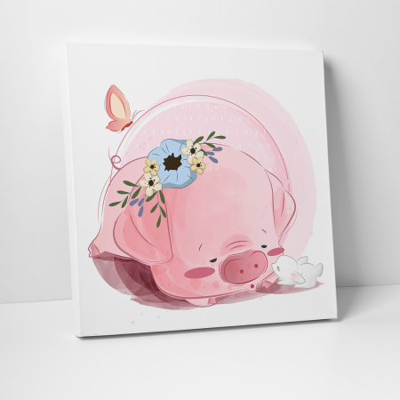 Tablou canvas cu desene pentru camera copiilor, Porcusorul doarme cu iepurasul [2]
