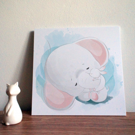 Tablou canvas cu desene pentru camera copiilor, Bebe elefant imbratiseaza iepurasul [3]
