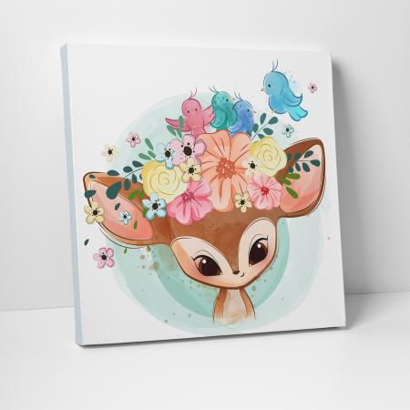 Tablouri canvas Copii - Tablou canvas cu desene pentru camera copiilor, Cuib de pasarele pe capul caprioarei