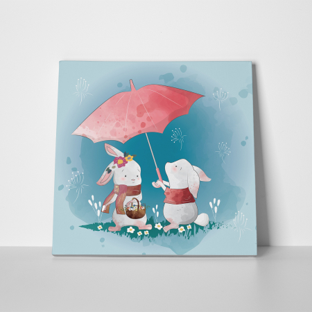 Tablou canvas cu desene pentru camera copiilor, Iepurasi sub umbrela [1]