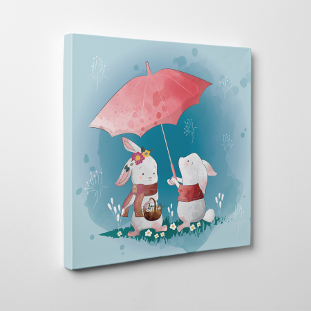 Tablouri canvas Copii - Tablou canvas cu desene pentru camera copiilor, Iepurasi sub umbrela