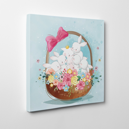 Tablouri canvas Copii - Tablou canvas cu desene pentru camera copiilor, Iepurasi in cosulet de primavara