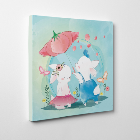Tablouri canvas Copii - Tablou canvas cu desene pentru camera copiilor, Doi iepurasi sub o umbrela floare