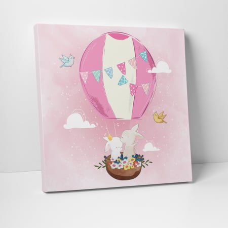 Tablouri canvas Copii - Tablou canvas cu desene pentru camera copiilor, Cuplu de iepurasi in balon cu aer cald