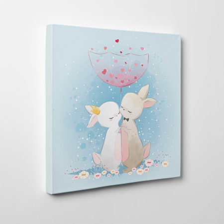 Tablouri canvas Copii - Tablou canvas cu desene pentru camera copiilor, Iepurasi indragostiti sub umbrela
