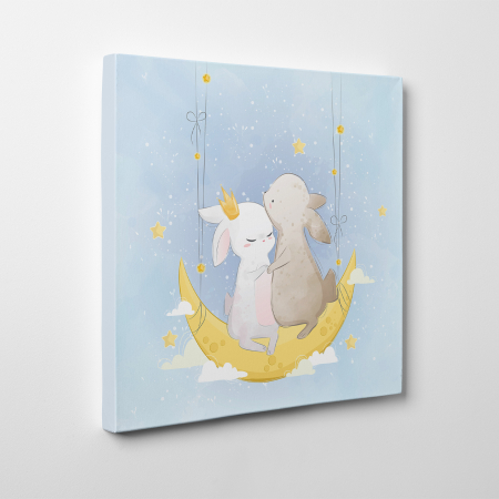 Tablouri canvas Copii - Tablou canvas cu desene pentru camera copiilor, Cuplu de iepurasi pe luna
