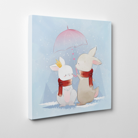 Tablouri canvas Copii - Tablou canvas cu desene pentru camera copiilor, Cuplu de iepurasi sub umbrela