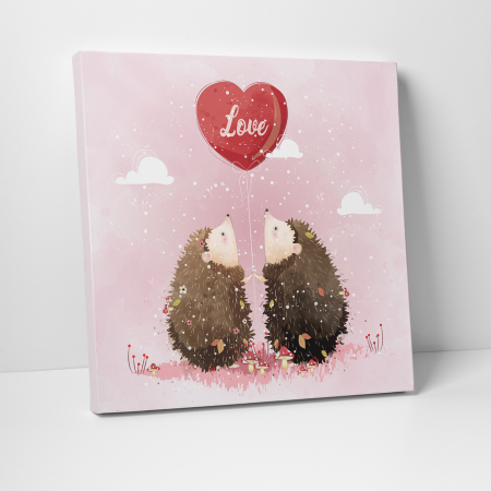 Tablouri canvas Copii - Tablou canvas cu desene pentru camera copiilor, Cuplu de arici sub un balon inimioara