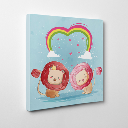 Tablouri canvas Copii - Tablou canvas cu desene pentru camera copiilor, Cuplu de lei sub curcubeu