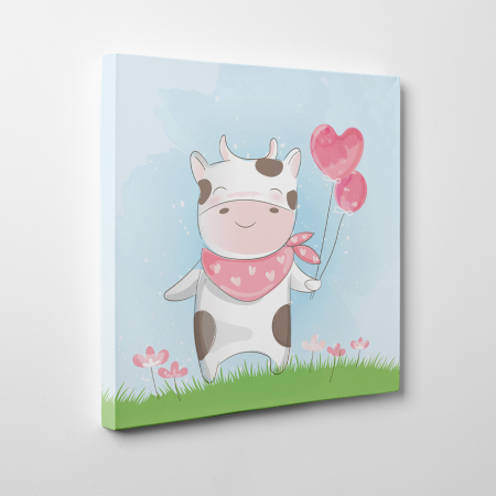 Tablou canvas cu desene pentru camera copiilor, O vacuta simpatica, cu baloane [2]