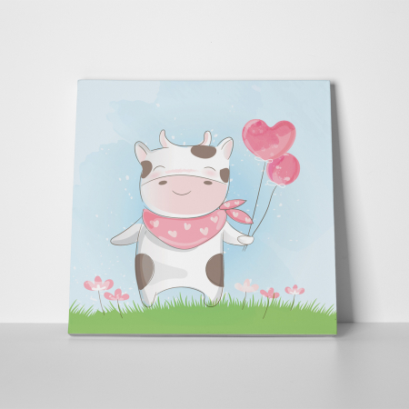 Tablou canvas cu desene pentru camera copiilor, O vacuta simpatica, cu baloane [1]