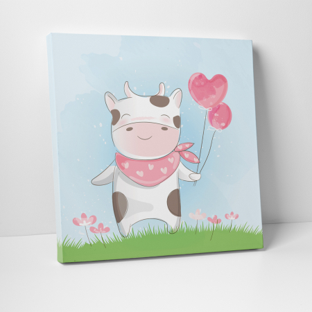 Tablouri canvas Copii - Tablou canvas cu desene pentru camera copiilor, O vacuta simpatica, cu baloane