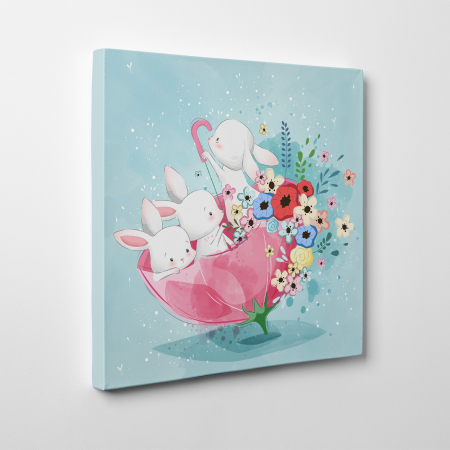 Tablouri canvas Copii - Tablou canvas cu desene pentru camera copiilor, Iepurasi intr-o umbrela de primavara