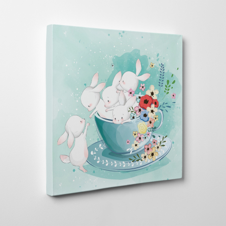 Tablouri canvas Copii - Tablou canvas cu desene pentru camera copiilor, Iepurasi in cescuta cu flori