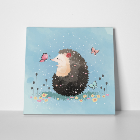 Tablou canvas cu desene pentru camera copiilor, Un arici simpatic se joaca cu fluturasii [1]