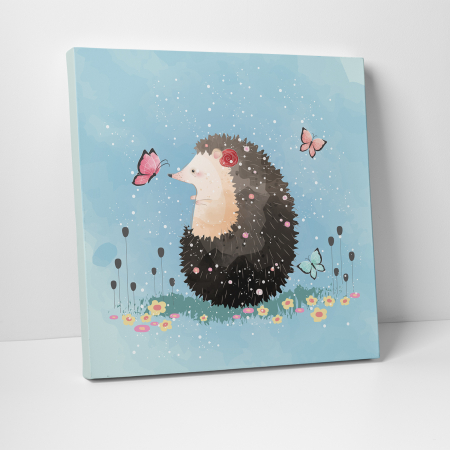 Tablouri canvas Copii - Tablou canvas cu desene pentru camera copiilor, Un arici simpatic se joaca cu fluturasii