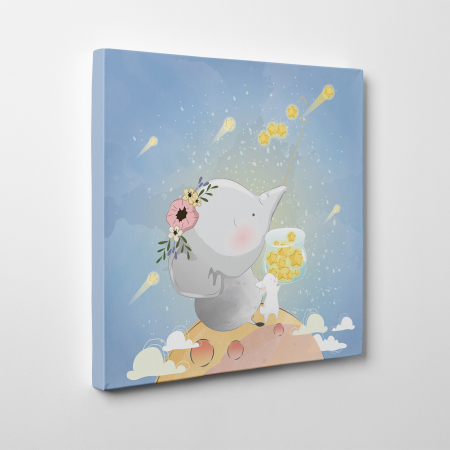 Tablouri canvas Copii - Tablou canvas cu desene pentru camera copiilor, Elefantul si iepurasul priveste stelele cazatoare