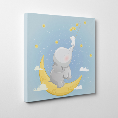 Tablouri canvas Copii - Tablou canvas cu desene pentru camera copiilor, Elefantul ajuta iepurasul sa culeaga stele
