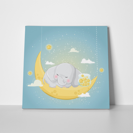 Tablou canvas cu desene pentru camera copiilor, Elefantelul doarme cu stelele [1]