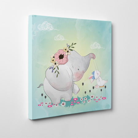 Tablouri canvas Copii - Tablou canvas cu desene pentru camera copiilor, Elefantul il da pe iepuras in leagan