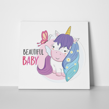 Tablou canvas cu desene pentru camera copiilor, Bebe unicorn cu parul colorat [1]