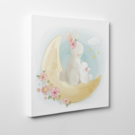 Tablouri canvas Copii - Tablou canvas cu desene pentru camera copiilor, Iepuroaica si puiul stau impreuna