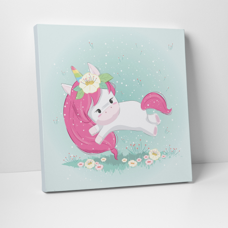 Tablouri canvas Copii - Tablou canvas cu desene pentru camera copiilor, Unicorn se joaca in gradina