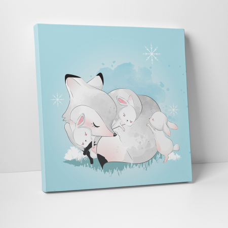 Tablou canvas cu desene pentru camera copiilor, O vulpita alba doarme cu prietenii ei [1]