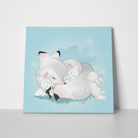 Tablouri canvas Copii - Tablou canvas cu desene pentru camera copiilor, O vulpita alba doarme cu prietenii ei