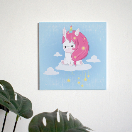 Tablouri PVC - Tablou panou PVC cu desene pentru camera copiilor, Cute Unicorn on the Cloud