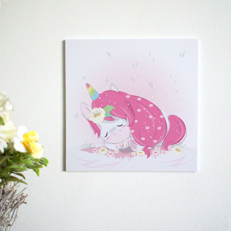 Tablouri PVC - Tablou panou PVC cu desene pentru camera copiilor, Cute Unicorn Sleeping on the Ground