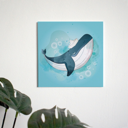 Tablouri PVC - Tablou panou PVC cu desene pentru camera copiilor, Happy Baby Whale Wearing Paper Ship Hat