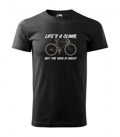 Tricouri biciclisti - Tricou alb/negru cu mesaj, Life is a Climb With a View