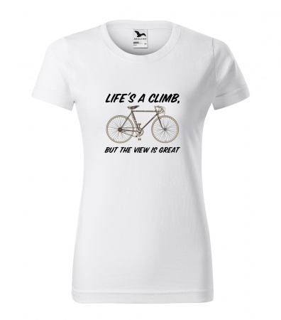 Tricouri biciclisti - Tricou alb/negru cu mesaj, Life is a Climb With a View