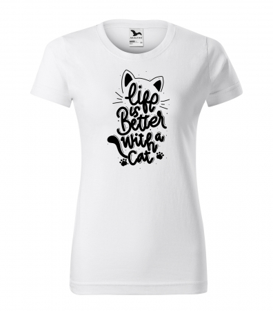 Mesaje animale - Tricou alb/negru cu mesaj, Life is Better With a Cat