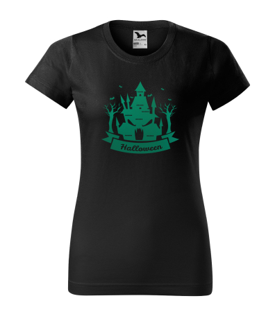Detaliu Tricou Halloween Haunted Castle (Castel Bântuit) cu grafică verde neon [1]