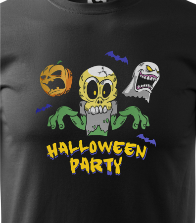 Detaliu Tricou Halloween Party (Craniu și Zombie) cu grafică verde neon [2]