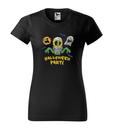 Halloween - Detaliu Tricou Halloween Party (Craniu și Zombie) cu grafică verde neon