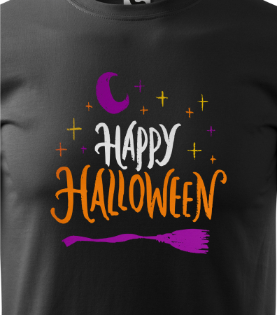 Detaliu Tricou Halloween Happy Halloween Broom (Mătură) cu lună și stele [2]