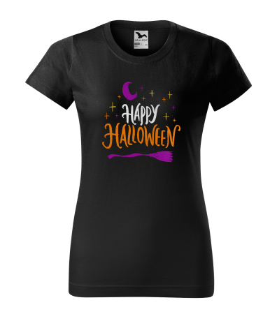 Halloween - Detaliu Tricou Halloween Happy Halloween Broom (Mătură) cu lună și stele