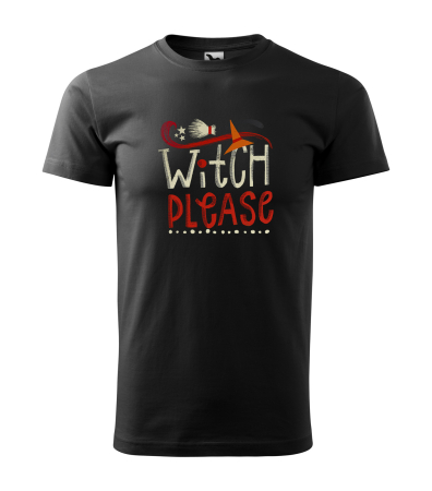 Halloween - Detaliu Tricou Halloween Witch Please (Mătură) cu font tematic