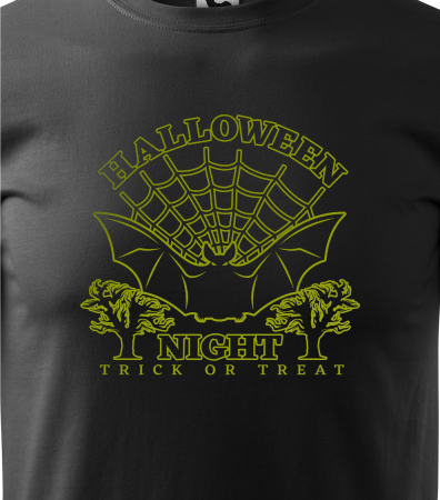 Detaliu Tricou Halloween Night Bat (Liliac) cu grafică verde neon și pânză de paianjen [2]