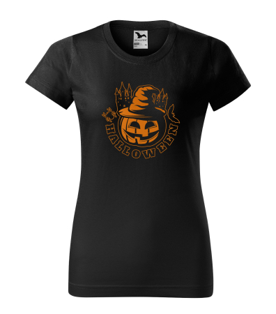 Halloween - Detaliu Tricou Halloween Pumpkin with Hat (Dovleac și Pălărie) pe fundal negru