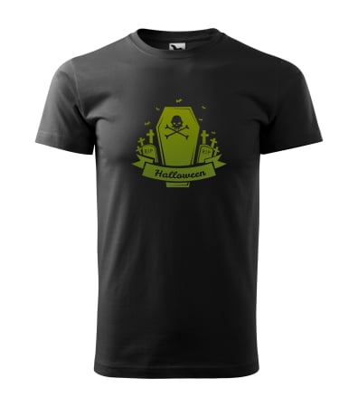 Halloween - Detaliu Tricou Halloween Tomb (Mormânt) cu craniu și banderolă verde neon