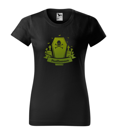 Detaliu Tricou Halloween Tomb (Mormânt) cu craniu și banderolă verde neon [1]