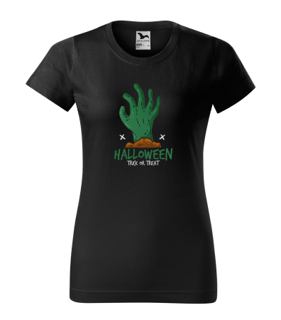 Model imbracat in tricou Halloween Green Horror Hand pe fundal negru [1]