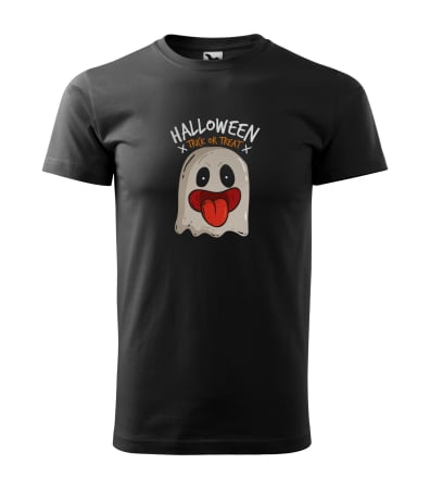 Halloween - Model imbracat in tricou Halloween Trick or Treat Ghost pe fundal negru