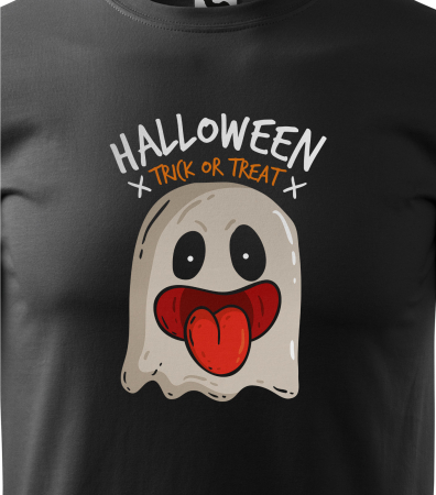 Model imbracat in tricou Halloween Trick or Treat Ghost pe fundal negru [2]
