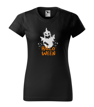 Halloween - Detaliu Tricou Halloween White Ghost (Fantomă Albă) pe tricou negru